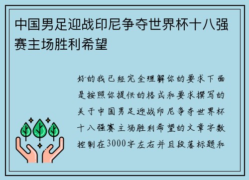 中国男足迎战印尼争夺世界杯十八强赛主场胜利希望 中国男足迎战印尼争夺世界杯十八强赛主场胜利希望